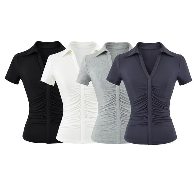Ulark-Short-Sleeve Collared Plain Ruched Top