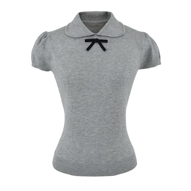 Ulark-Short-Sleeve Collared Ribbon Accent Plain Knit Top