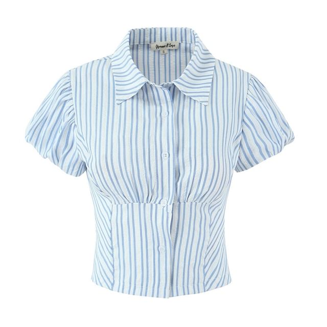 Ulark-Short Sleeve Collared Striped Cropped Shirt