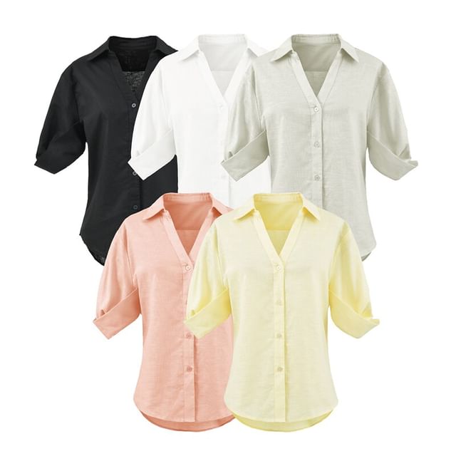 Ulark-Short-Sleeve Collared V-Neck Plain Button Up Shirt