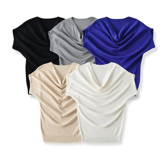 Ulark-Short Sleeve Cowl Neck Plain Knit Top
