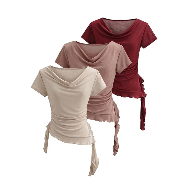 Ulark-Short Sleeve Cowl Neck Plain Ruched Ruffle Top