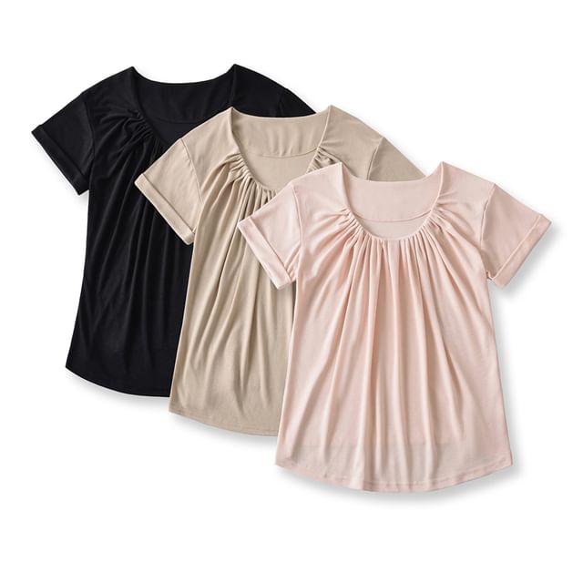 Ulark-Short Sleeve Crew Neck Plain Ruched Top