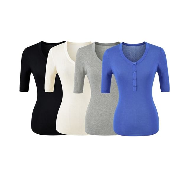 Ulark-Short-Sleeve Henley Plain T-Shirt