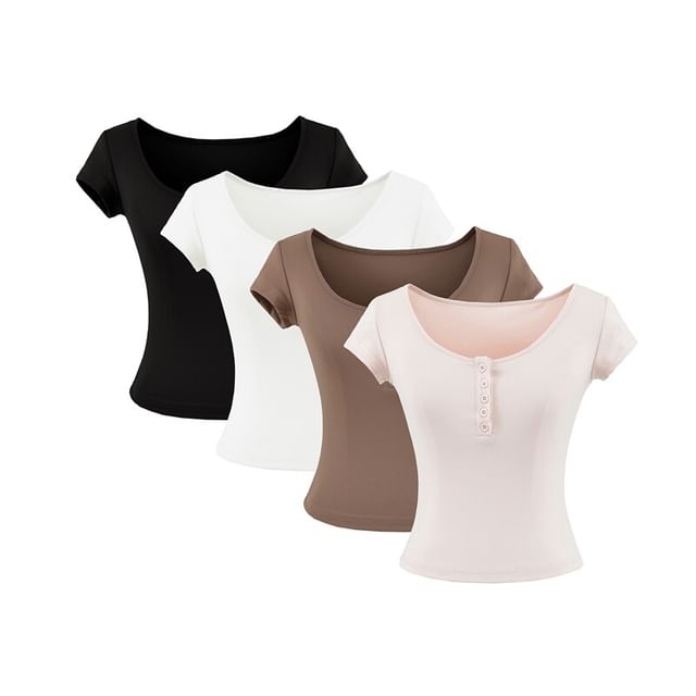 Ulark-Short Sleeve Henley Plain T-Shirt