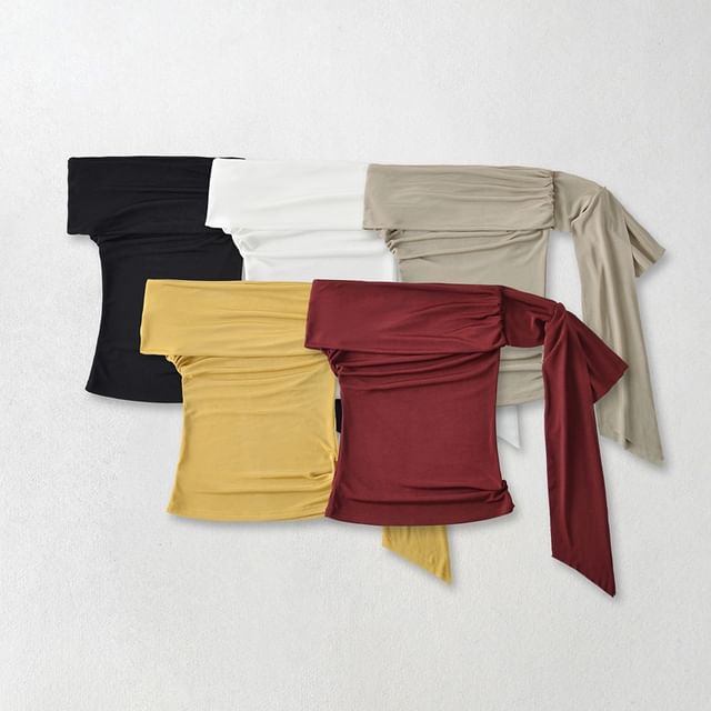 Ulark-Short-Sleeve Off Shoulder Plain Ruched Top
