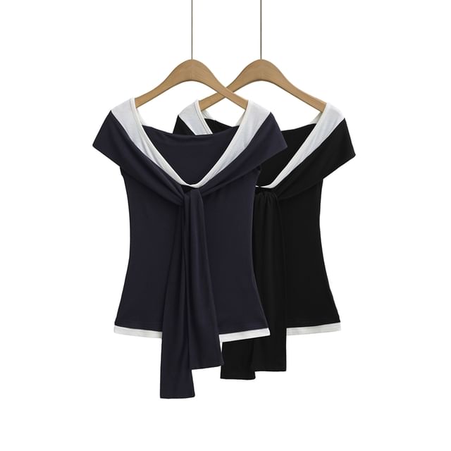 Ulark-Short-Sleeve Off Shoulder Two Tone Tee