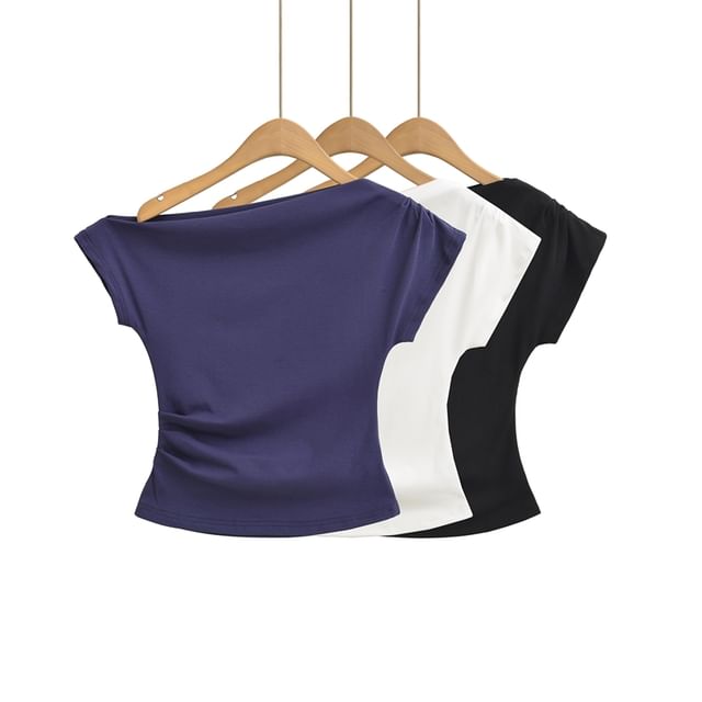Ulark-Short Sleeve One Shoulder Plain Ruched Top