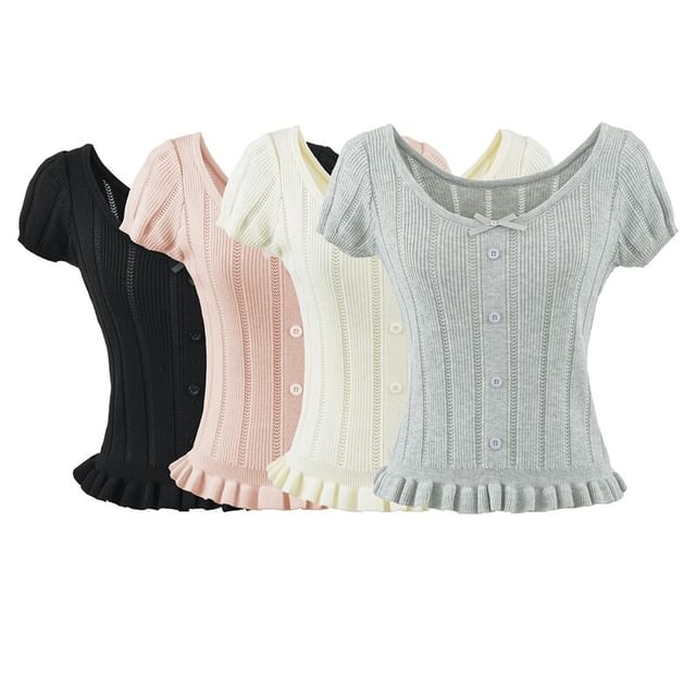 Ulark-Short Sleeve Scoop Neck Plain Bow Ruffle Button Ribbed Knit Top