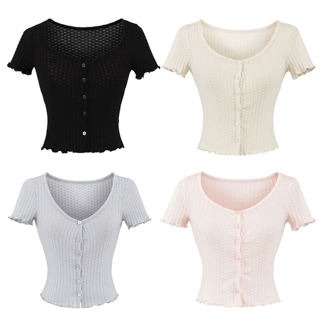 Ulark-Short-Sleeve Scoop Neck Plain Button Up Knit Top