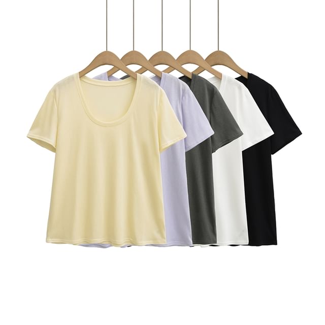 Ulark-Short-Sleeve Scoop Neck Plain T-Shirt