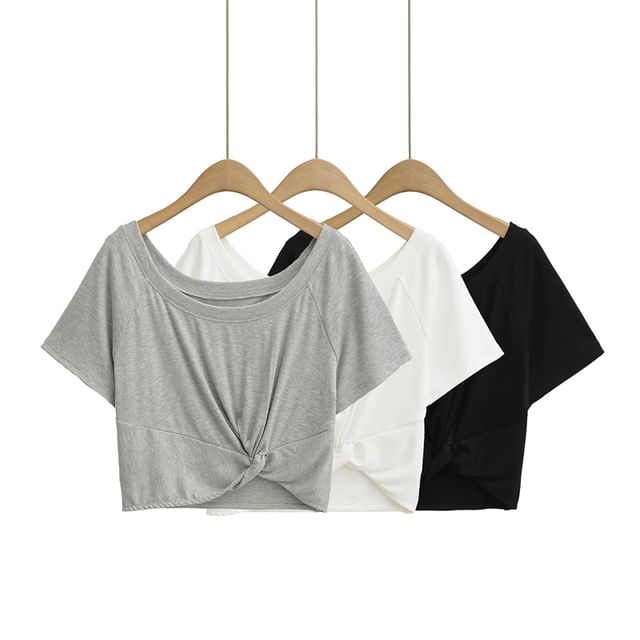 Ulark-Short-Sleeve Scoop Neck Plain Twisted Crop Tee