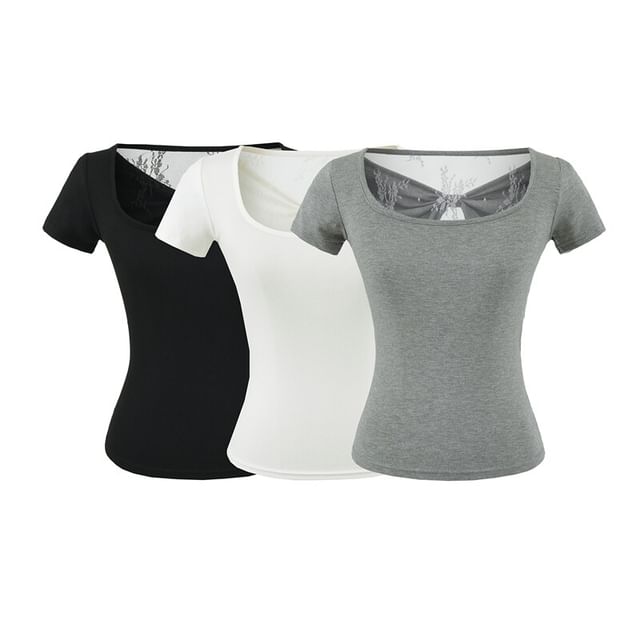 Ulark-Short-Sleeve Square Neck Lace Trim Plain Top