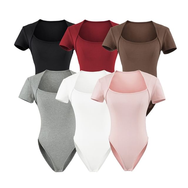 Ulark-Short-Sleeve Square Neck Plain Bodysuit Top