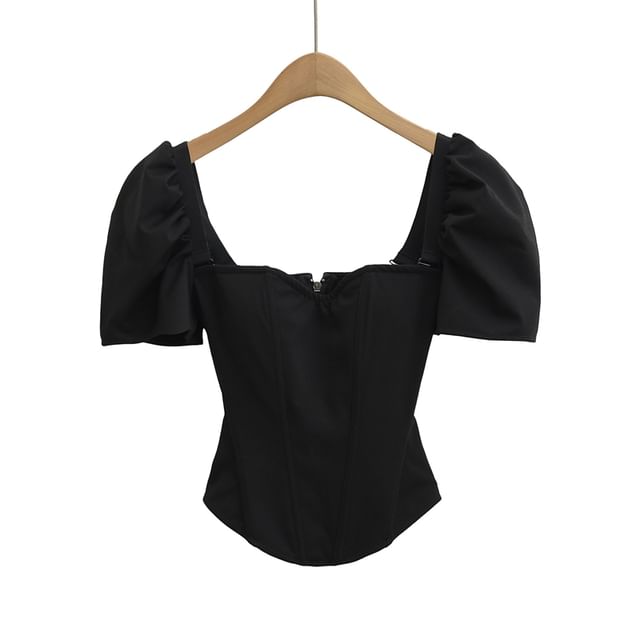 Ulark-Short-Sleeve Square Neck Plain Crop Top