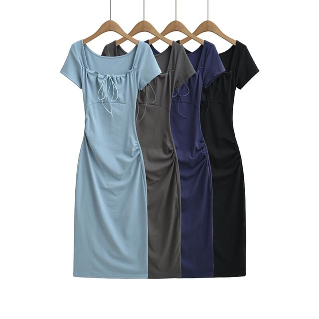 Ulark-Short-Sleeve Square Neck Plain Drawstring Ruched Maxi Sheath Dress
