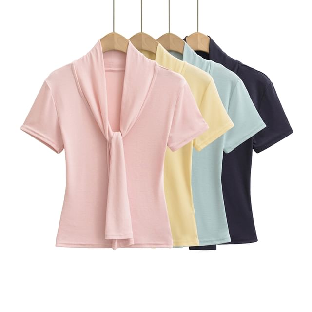 Ulark-Short Sleeve Tie Neck Plain Top