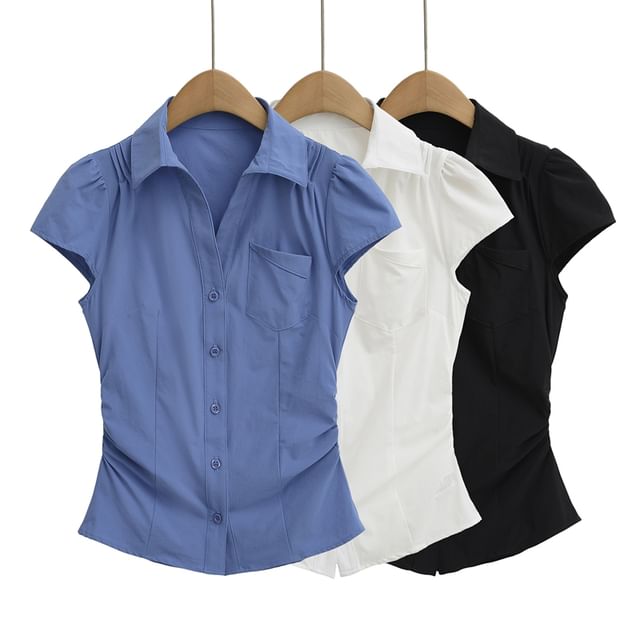 Ulark-Short-Sleeve V-Neck Collared Button-Up Plain Ruched Blouse