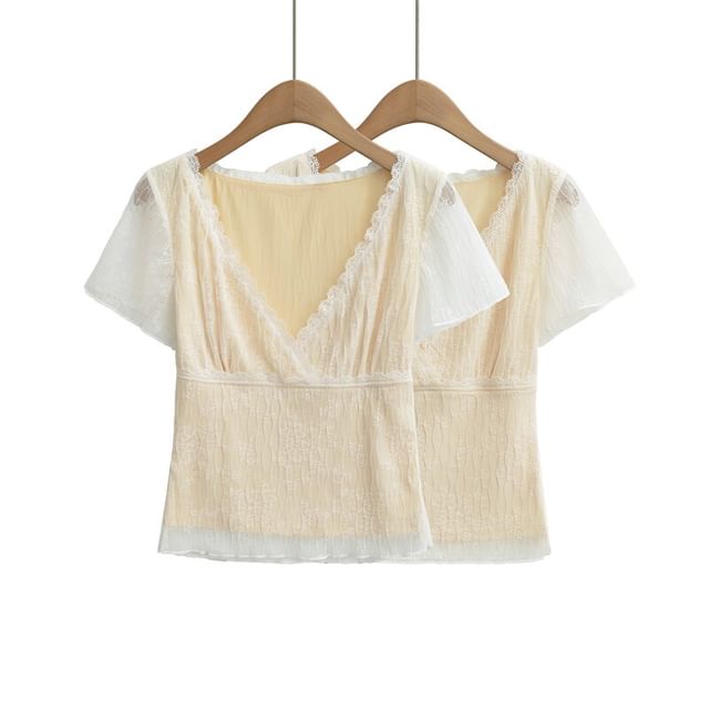 Ulark-Short Sleeve V-Neck Lace Overlay Top