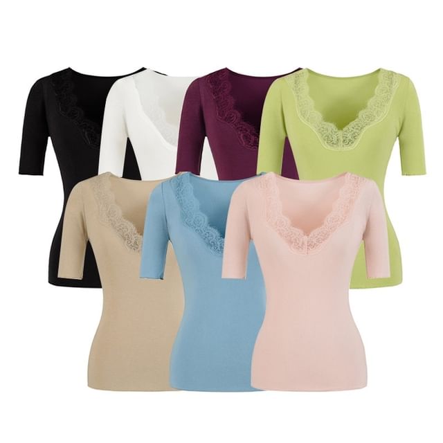 Ulark-Short-Sleeve V-Neck Lace Trim Plain Top