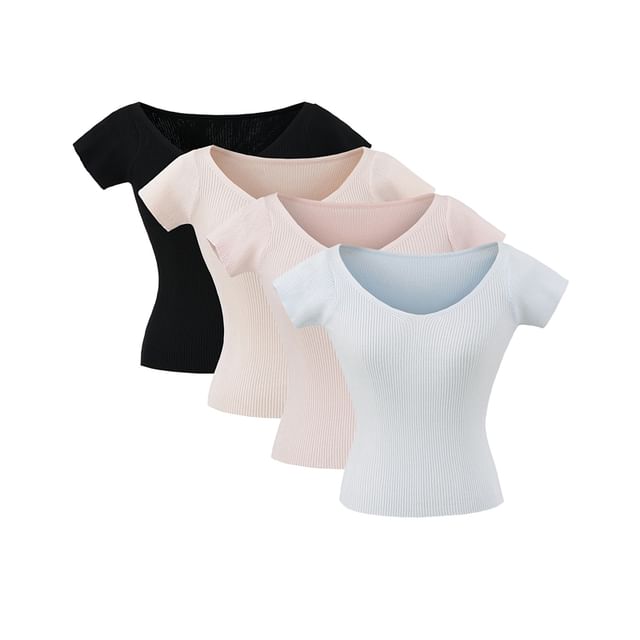 Ulark-Short Sleeve V-Neck Plain Ribbed Knit Top