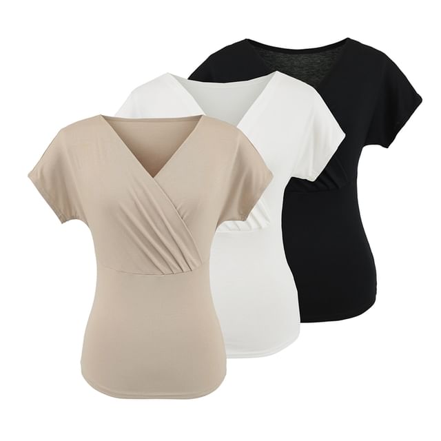 Ulark-Short-Sleeve V-Neck Plain Ruched Slim Fit Tee