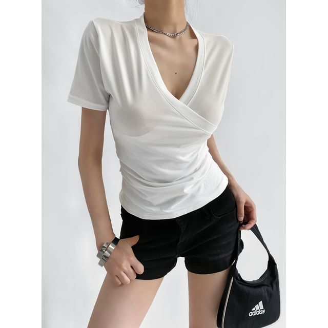 Ulark-Short-Sleeve V-Neck Plain Ruched Slim Fit Tee