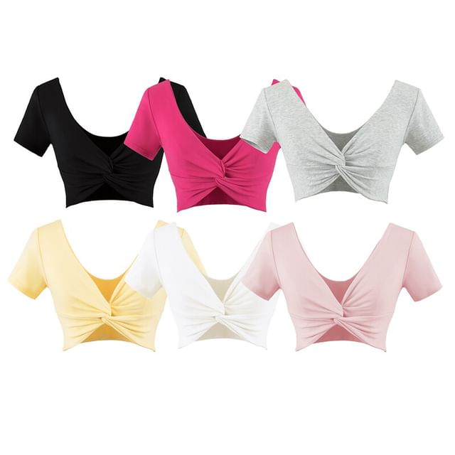 Ulark-Short-Sleeve V-Neck Plain Twisted Crop Top