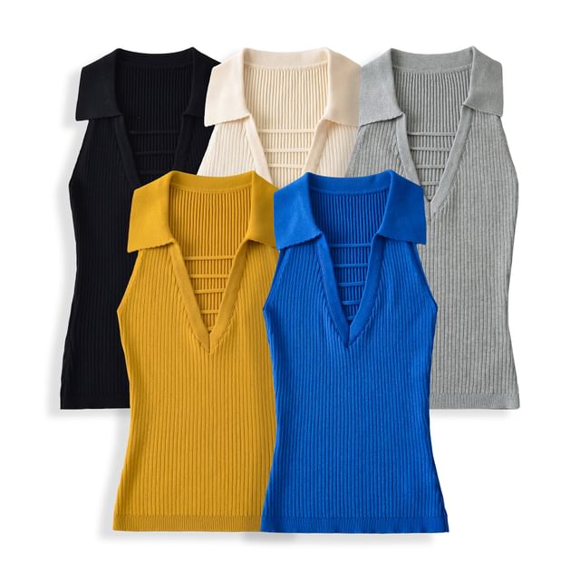 Ulark-Sleeveless Collared V-Neck Plain Ribbed Knit Top
