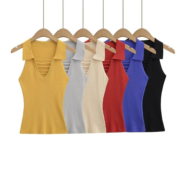 Ulark-Sleeveless Collared V-Neck Plain Ribbed Knit Top