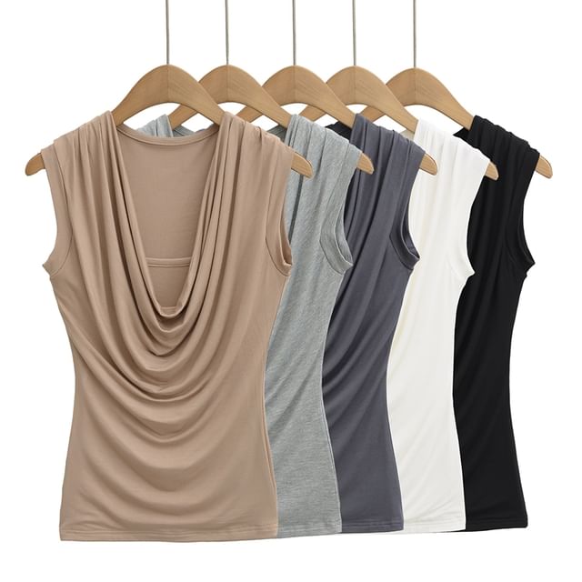 Ulark-Sleeveless Cowl Neck Plain Crop Top
