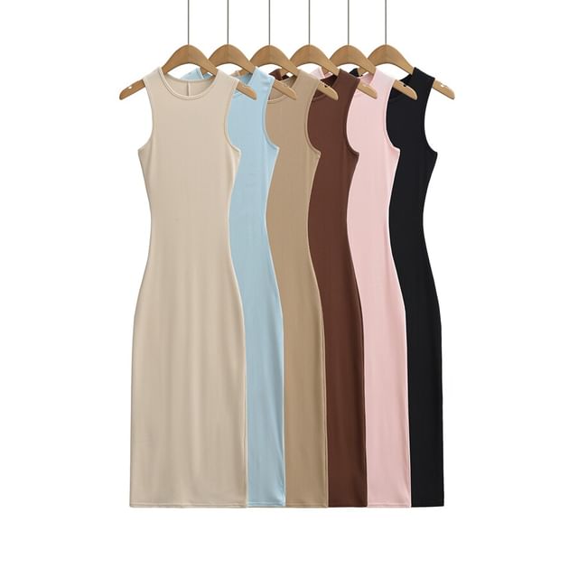 Ulark-Sleeveless Crew Neck Plain Maxi Sheath Dress