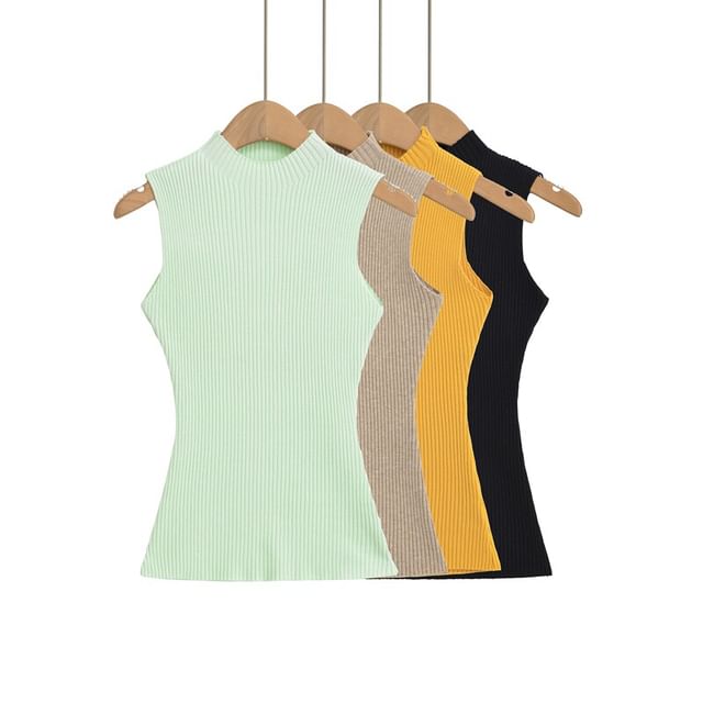 Ulark-Sleeveless Mock Neck Plain Ribbed Knit Top