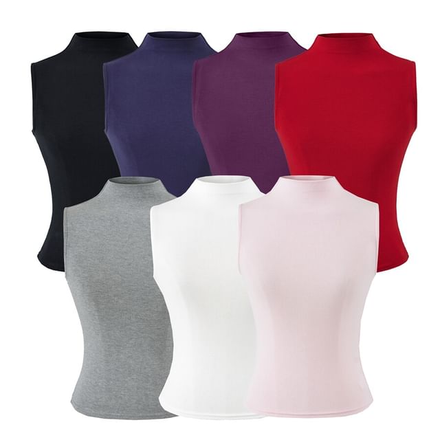 Ulark-Sleeveless Mock Neck Plain Top