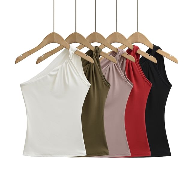 Ulark-Sleeveless One Shoulder Plain Twist Top