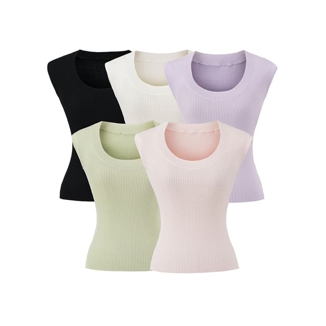 Ulark-Sleeveless Round Neck Plain Ribbed Knit Top