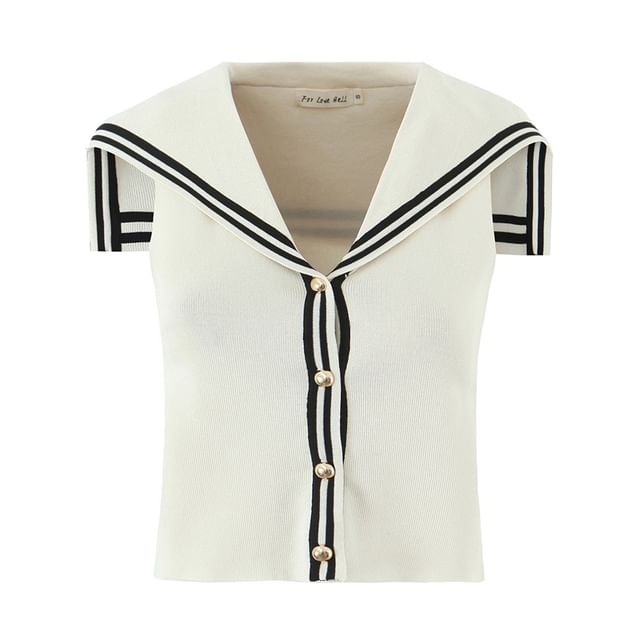 Ulark-Sleeveless Sailor Collared Striped Button Knit Top