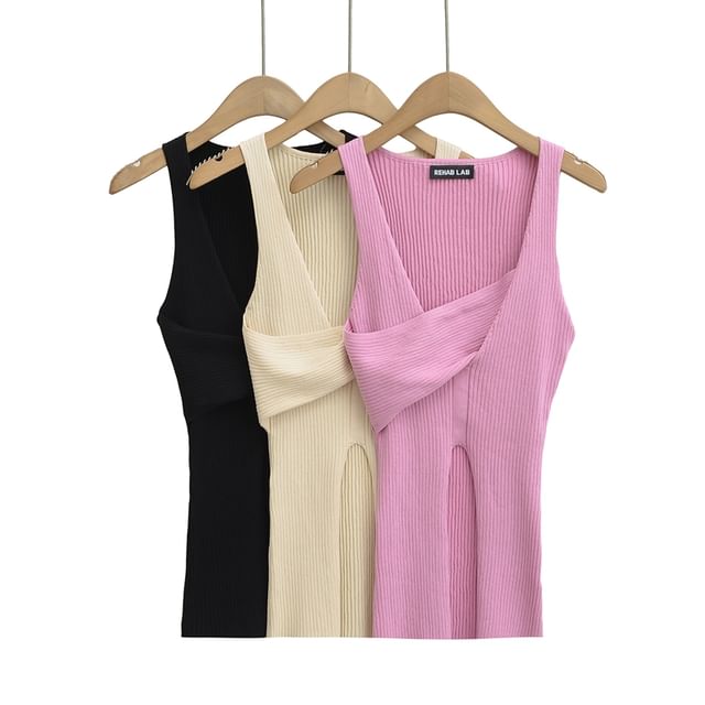 Ulark-Sleeveless Square Neck Plain Ribbed Knit Slit Top