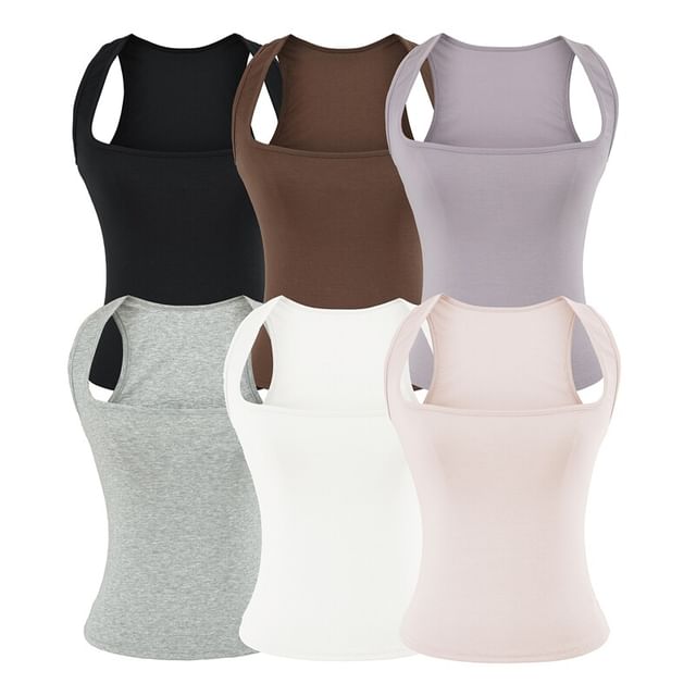 Ulark-Sleeveless Square Neck Plain Tank Top