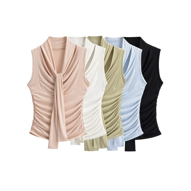 Ulark-Sleeveless Tie Neck Plain Ruched Top
