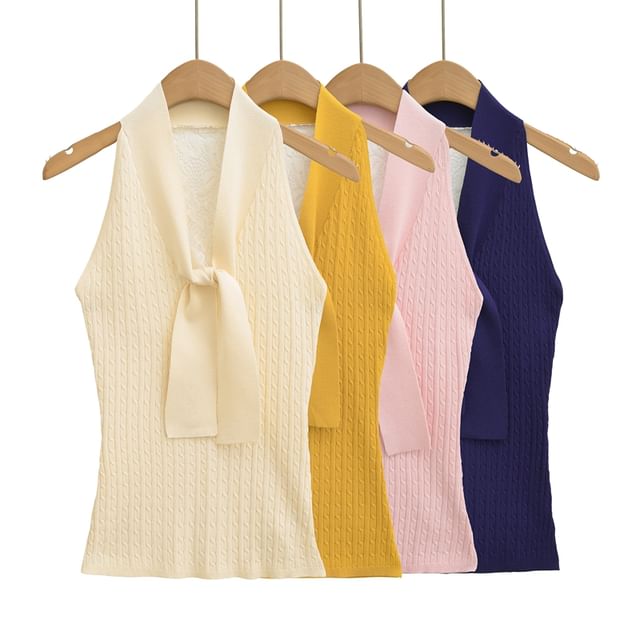 Ulark-Sleeveless Tie Neck Ribbed Knit Top