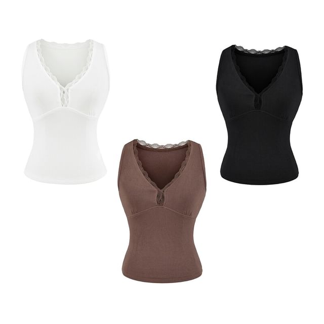 Ulark-Sleeveless V-Neck Plain Lace Trim Top