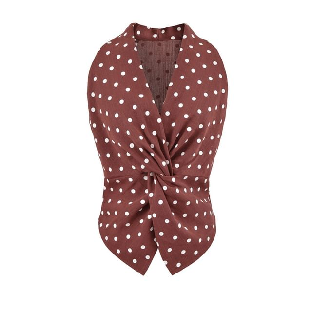 Ulark-Sleeveless V-Neck Polka Dot Twisted Crop Top