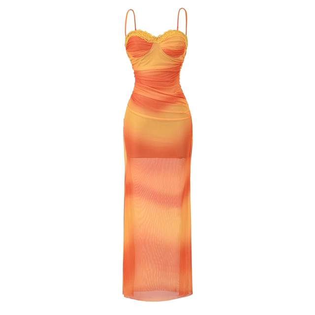 Ulark-Spaghetti Strap Gradient Lace Panel Mesh Maxi Sheath Dress