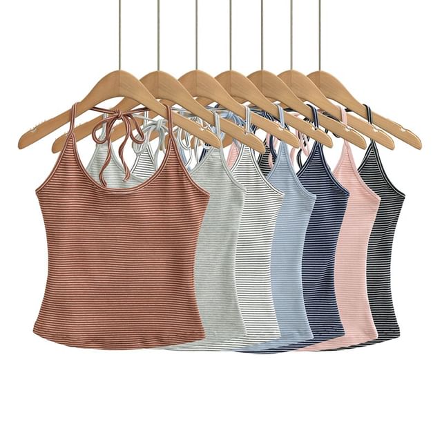 Ulark-Spaghetti Strap Halter Neck Striped Crop Camisole Top