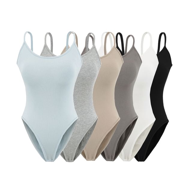 Ulark-Spaghetti Strap Plain Bodysuit Top