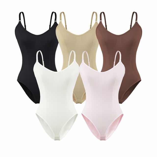 Ulark-Spaghetti Strap Plain Bodysuit Top