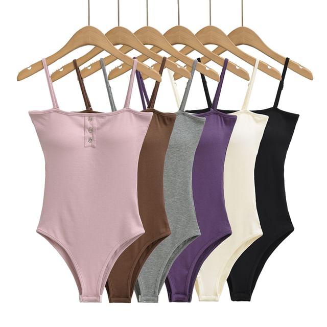 Ulark-Spaghetti Strap Plain Button Padded Bodysuit Top