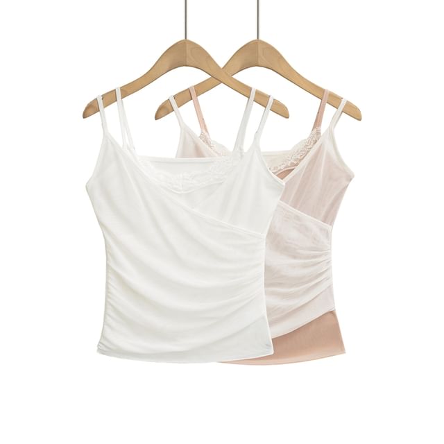Ulark-Spaghetti Strap Plain Ruched Camisole Top