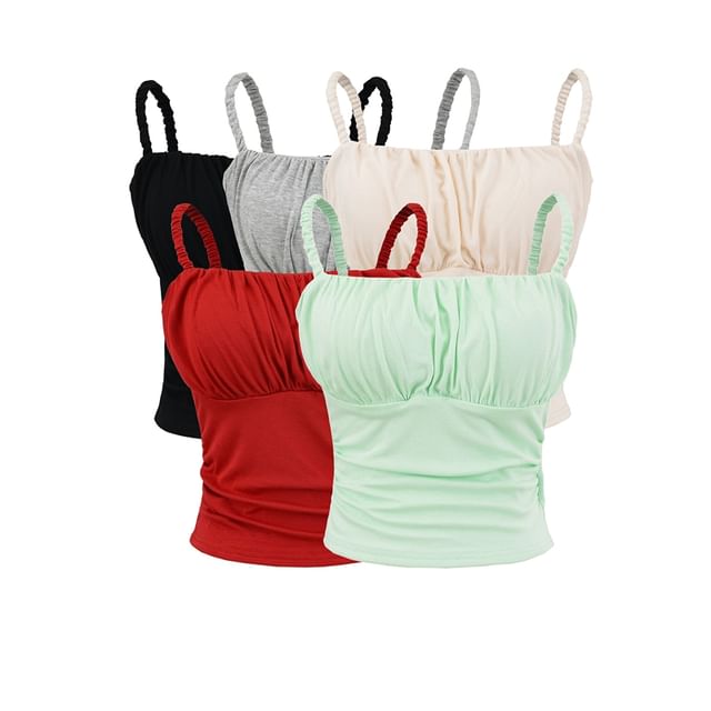 Ulark-Spaghetti Strap Plain Ruched Crop Cami Top